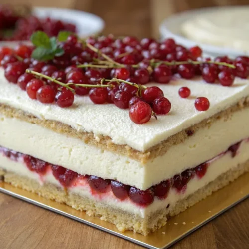 Delicious johannisberry cake with vanilla pudding cream, fresh red currants on top, creamy white filling layers, professional