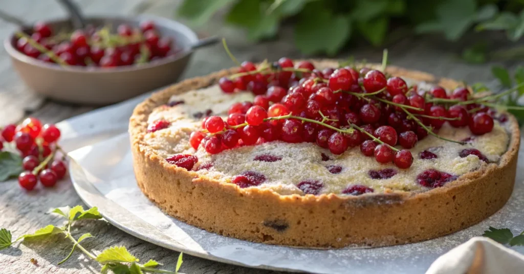 Delicious low-carb red currant cake, sugar-free, freshly baked, almond flour base, vibrant berries on top, rustic presentatio