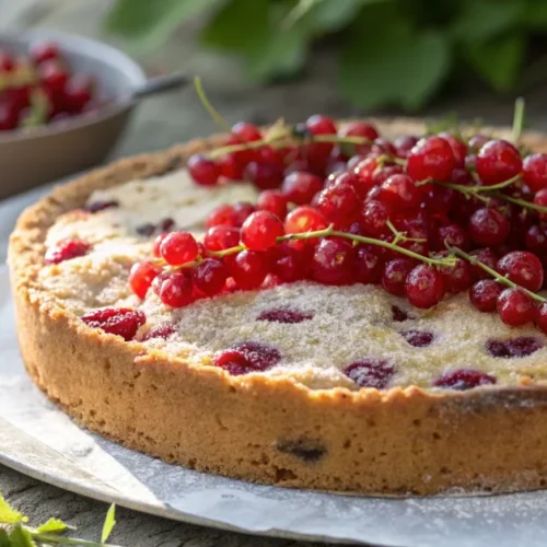 Delicious low-carb red currant cake, sugar-free, freshly baked, almond flour base, vibrant berries on top, rustic presentatio