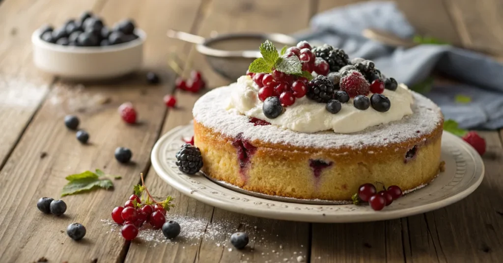 Delicious moist blackcurrant cake with sour cream topping, fresh berries arranged on top, dusted with powdered sugar, rustic