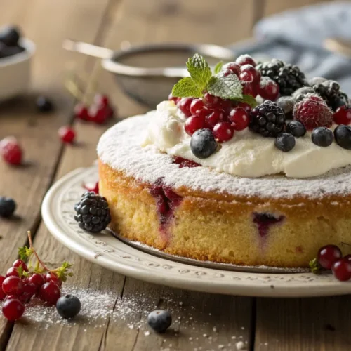 Delicious moist blackcurrant cake with sour cream topping, fresh berries arranged on top, dusted with powdered sugar, rustic