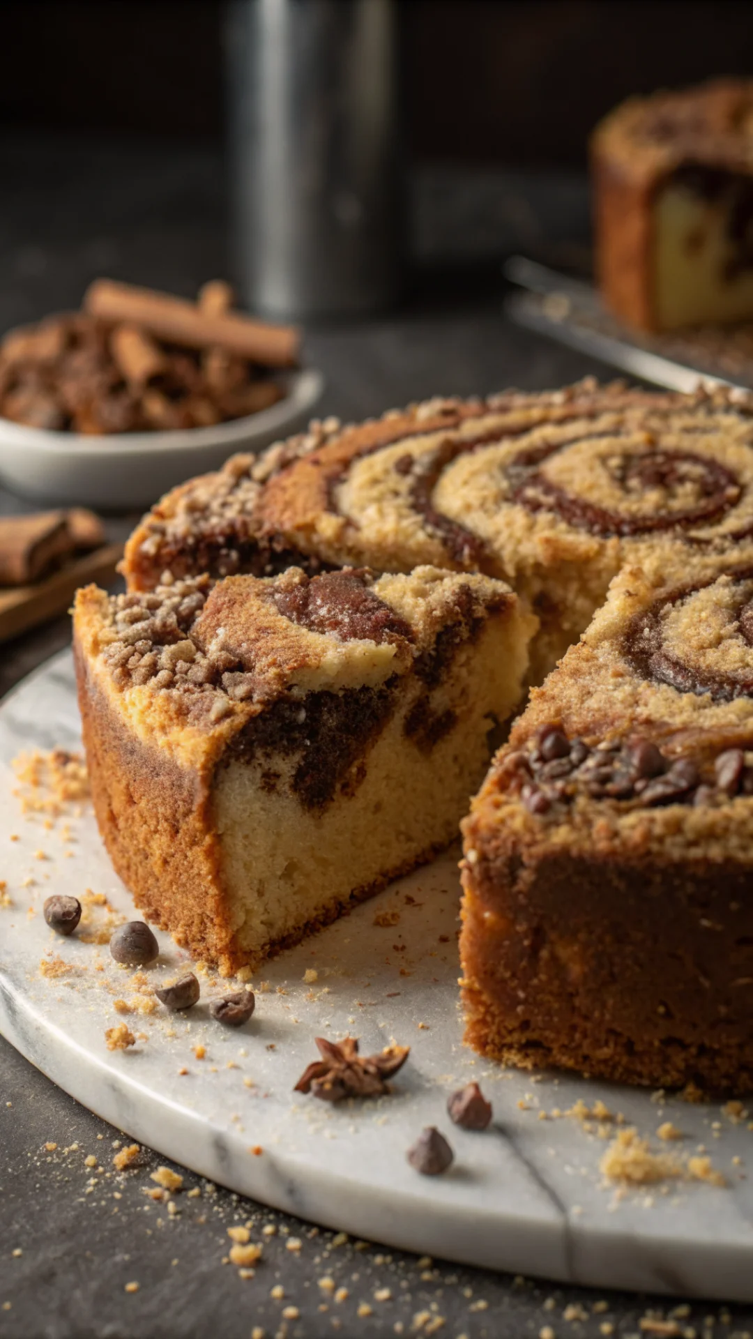 Detailed close-up of marbled crumb cake with chocolate swirl pattern, cinnamon streusel topping, golden-brown baked texture,