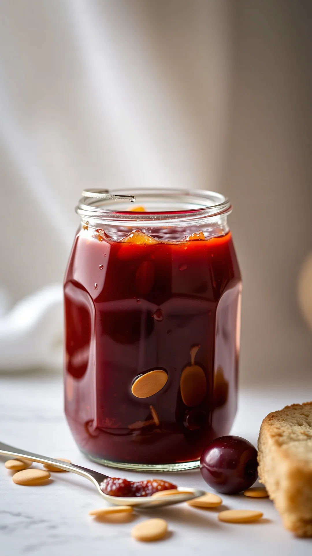 Elegant amaretto cherry jam, shiny preserve in vintage glass jar, toasted almond slivers, amber-red jam glistening, premium p