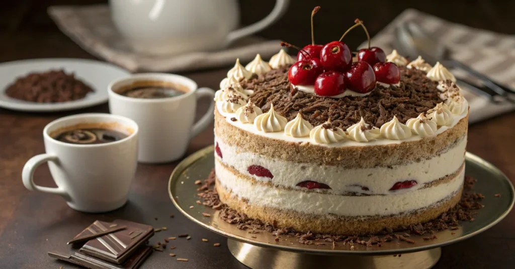 Elegant cappuccino layer cake with fresh cherries on top, chocolate shavings, creamy mascarpone frosting, coffee cups nearby,