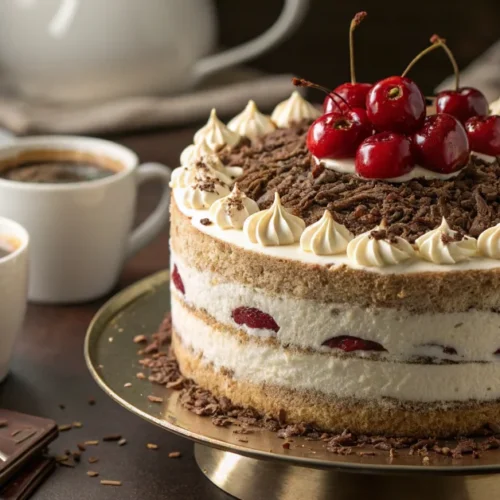Elegant cappuccino layer cake with fresh cherries on top, chocolate shavings, creamy mascarpone frosting, coffee cups nearby,