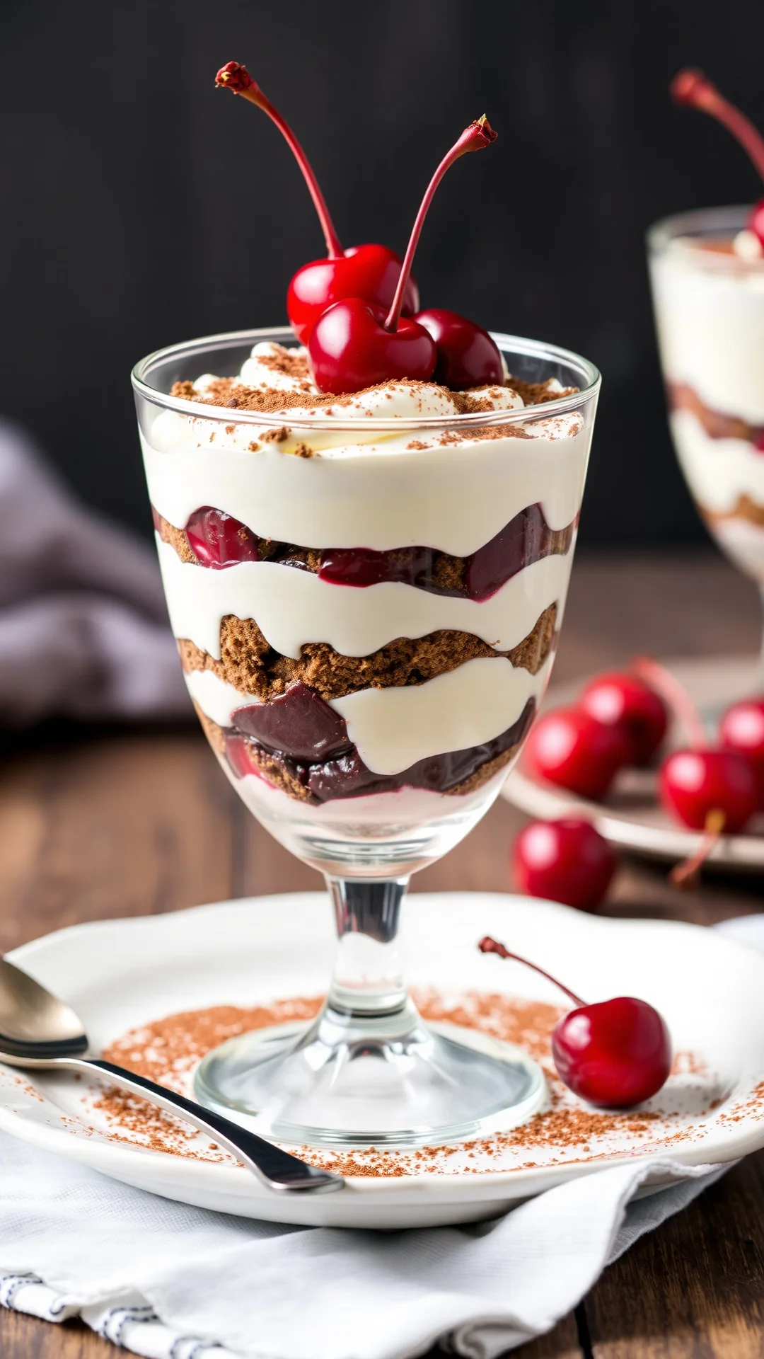Elegant cherry tiramisu dessert in glass with layers, topped with cocoa powder and whole cherries, holiday table presentation
