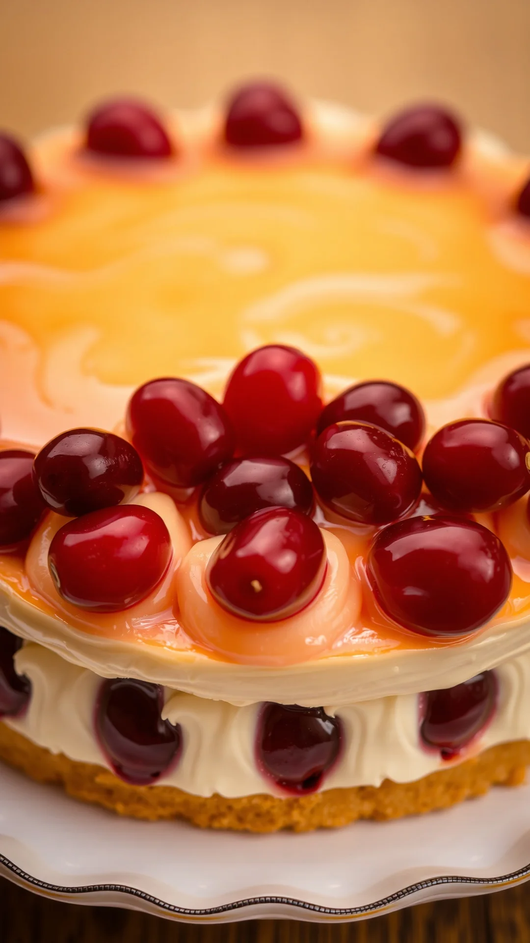 Elegant cream torte topped with glossy red currants and translucent glaze, cream swirls visible, professional pastry presenta