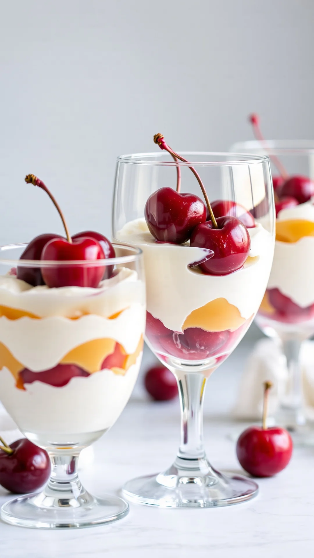 Elegant glass filled with layers of vanilla cream and fresh cherries, close-up food photography, soft natural lighting, gourm