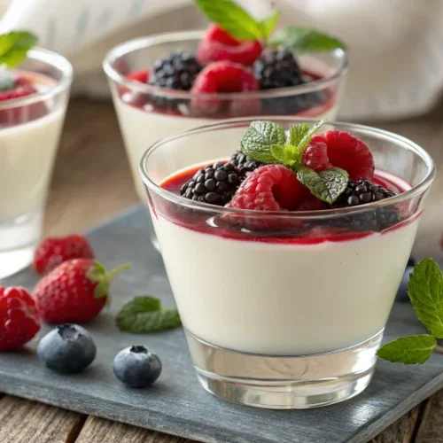 Elegant Italian panna cotta dessert in clear glass cups, creamy white vanilla panna cotta with perfect smooth surface, garnis