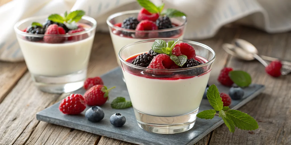 Elegant Italian panna cotta dessert in clear glass cups, creamy white vanilla panna cotta with perfect smooth surface, garnis