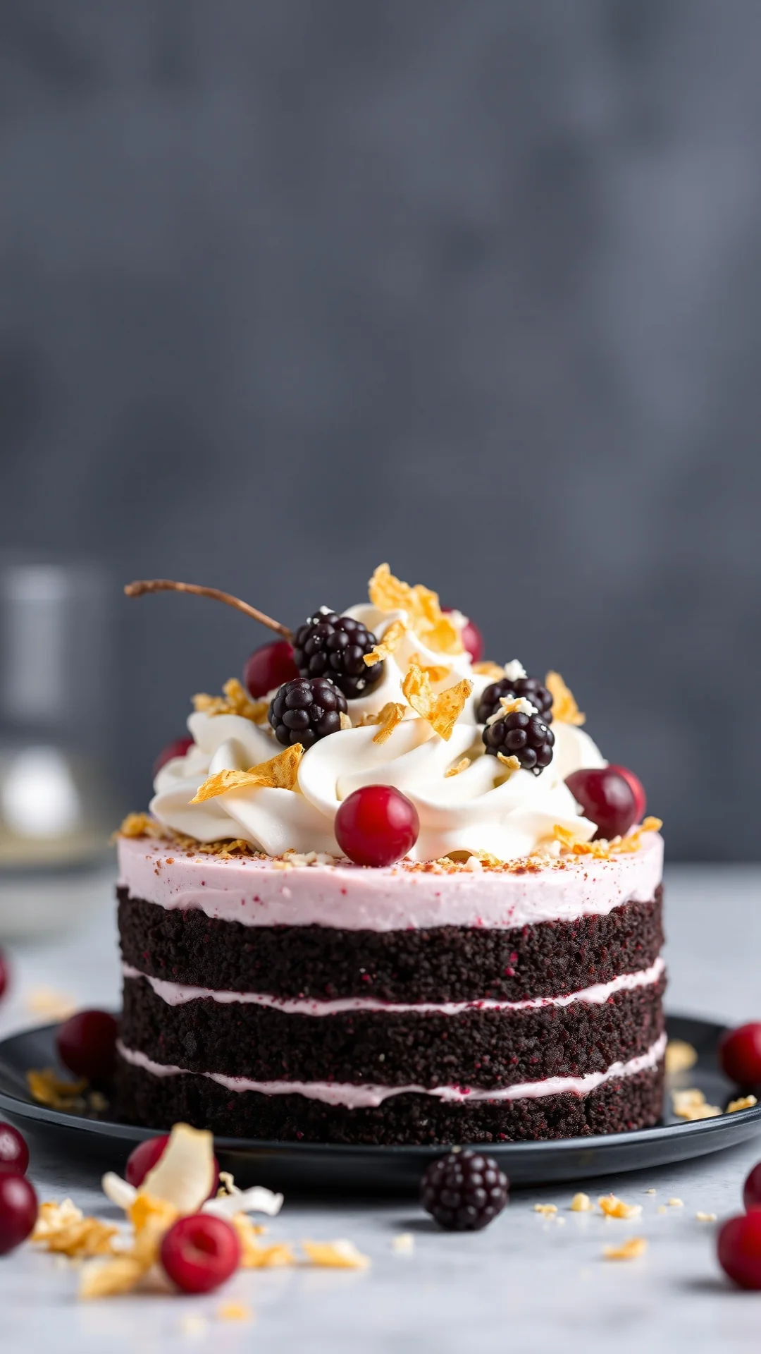 Elegant layered black forest currant torte with whipped cream, toasted coconut flakes, and fresh red currants, professional p