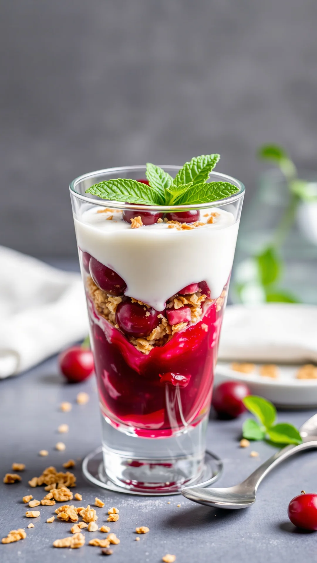 Elegant quark parfait with cherry layers, granola and mint garnish in tall glass