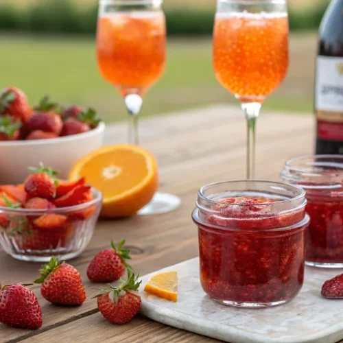 Elegant strawberry jam with Aperol and Prosecco in glass jars, vibrant red color, professional food photography, fresh strawb