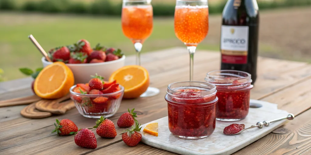 Elegant strawberry jam with Aperol and Prosecco in glass jars, vibrant red color, professional food photography, fresh strawb