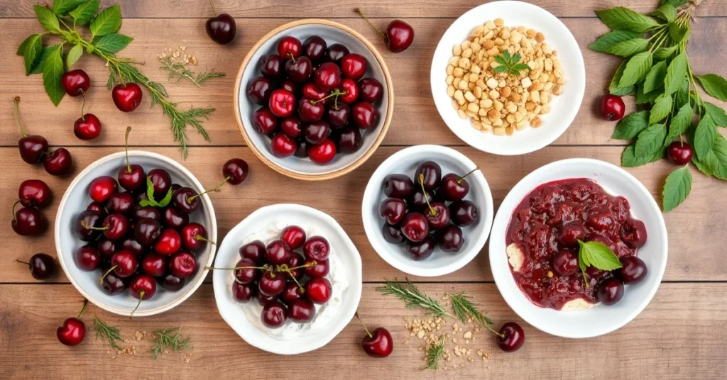 Flat lay overhead shot of five different cherry dishes with whole fresh cherries, herbs, and ingredients scattered around, pr