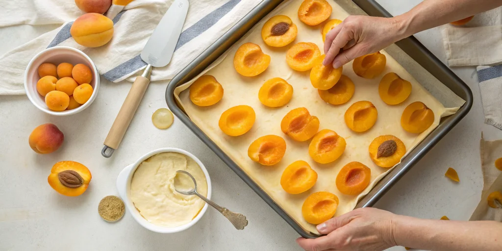 Fresh apricot halves being arranged on raw cake batter in a baking sheet, hands placing the fruit cut-side down, golden apric