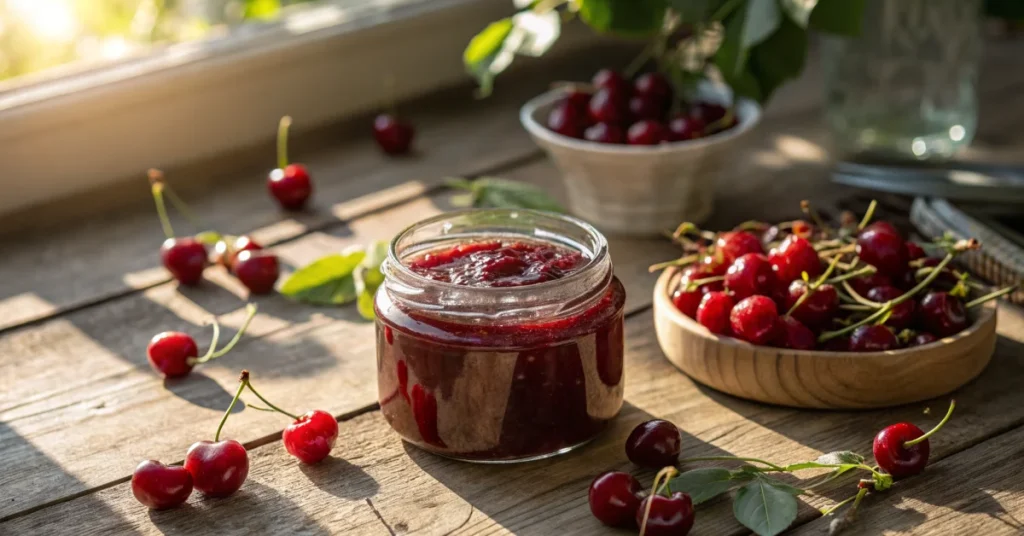 Fresh homemade cherry jam in glass jar on wooden table, scattered fresh cherries, morning sunlight, professional food photogr
