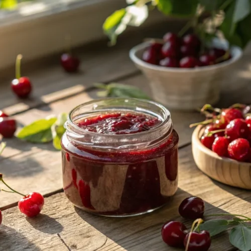 Fresh homemade cherry jam in glass jar on wooden table, scattered fresh cherries, morning sunlight, professional food photogr