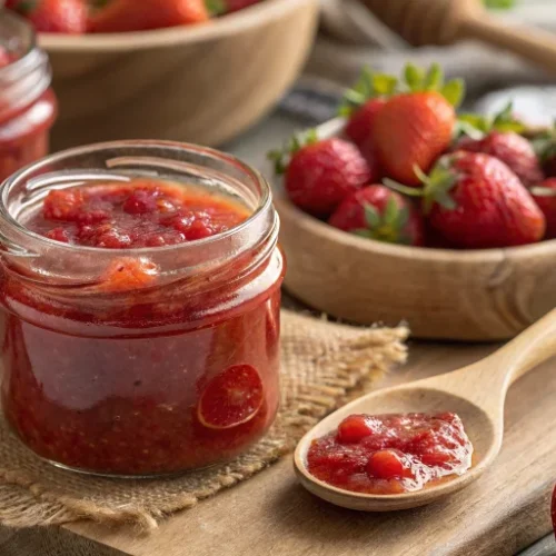 Fresh raw strawberry jam in glass jars, vibrant red color, chunky texture with visible strawberry pieces, wooden spoon, fresh