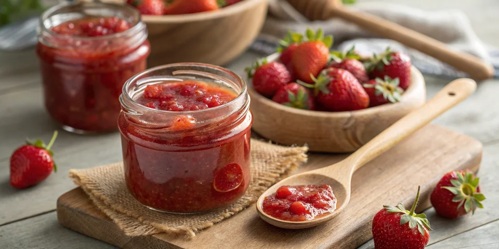 Fresh raw strawberry jam in glass jars, vibrant red color, chunky texture with visible strawberry pieces, wooden spoon, fresh