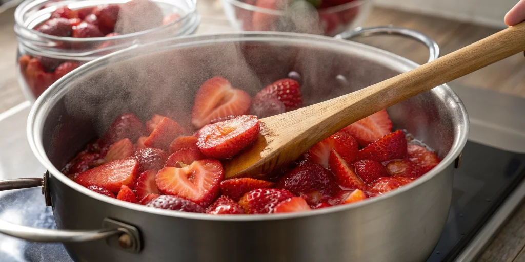 Fresh strawberries being cooked in a stainless steel pot for sugar-free jam, steam rising, wooden spoon stirring, bright red