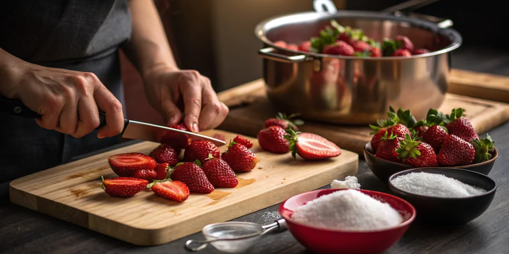 Fresh strawberries being prepared for jam making, showing hands cutting strawberries on a wooden cutting board, with a large