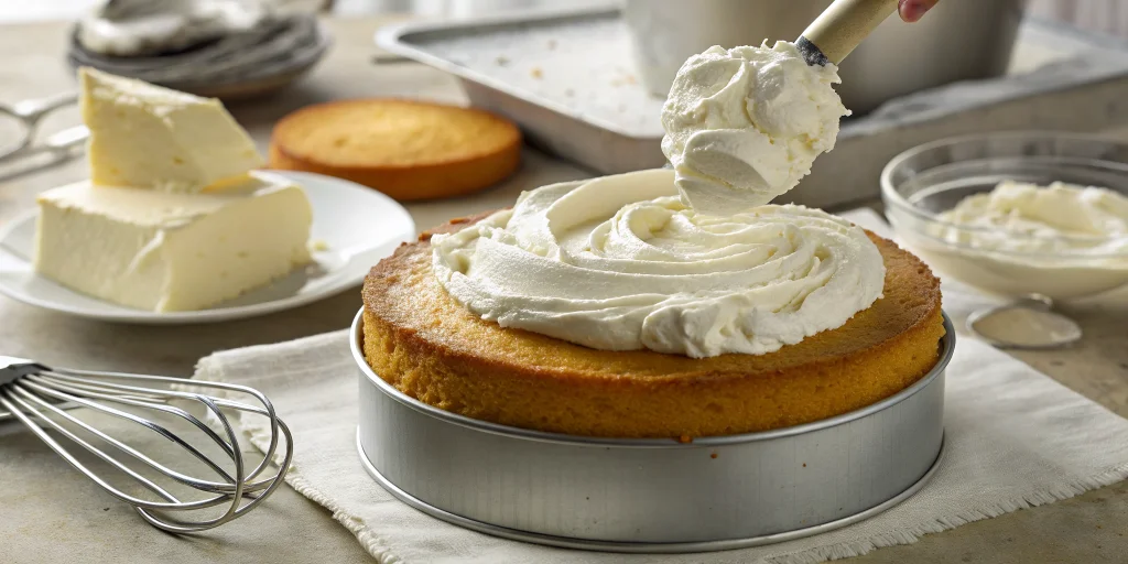 Fresh whipped cream being spread evenly over a golden sponge cake base in a springform pan, showing the cream's perfect textu