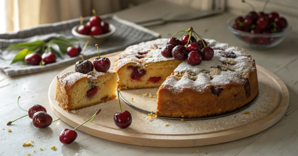 Freshly baked cherry cake with glazed golden crust, whole fresh cherries on top, dusted with powdered sugar, slice removed sh