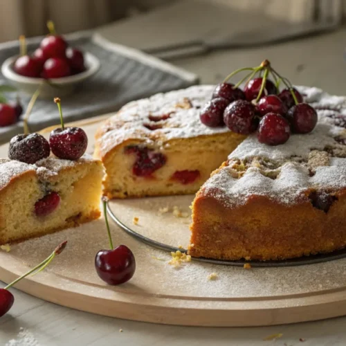 Freshly baked cherry cake with glazed golden crust, whole fresh cherries on top, dusted with powdered sugar, slice removed sh