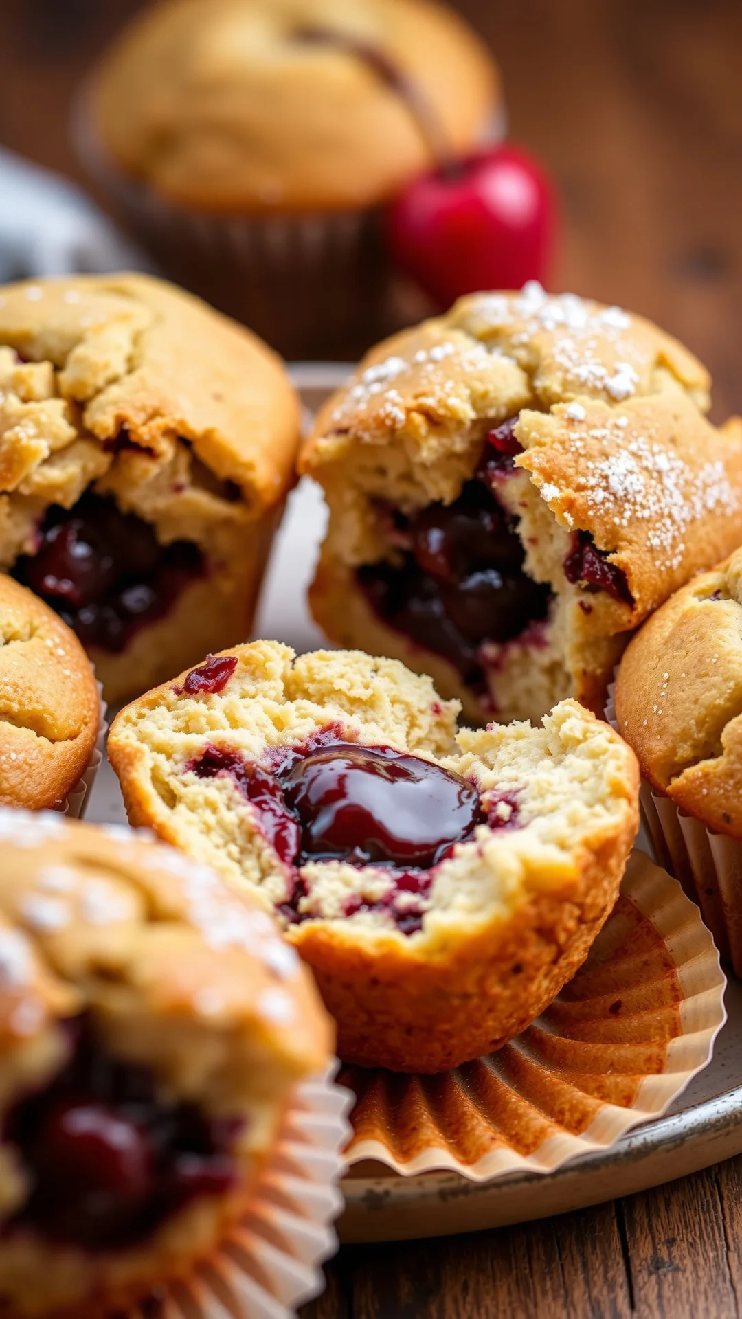 Freshly baked cherry muffins with chocolate center, broken open showing interior, warm bakery lighting, rustic plated