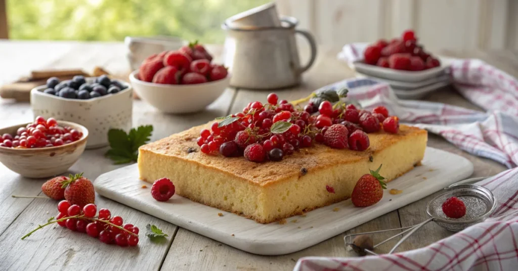 Freshly baked johnnycake sheet with red currants, golden-brown sponge cake, summer berries, family dessert, rustic kitchen ta