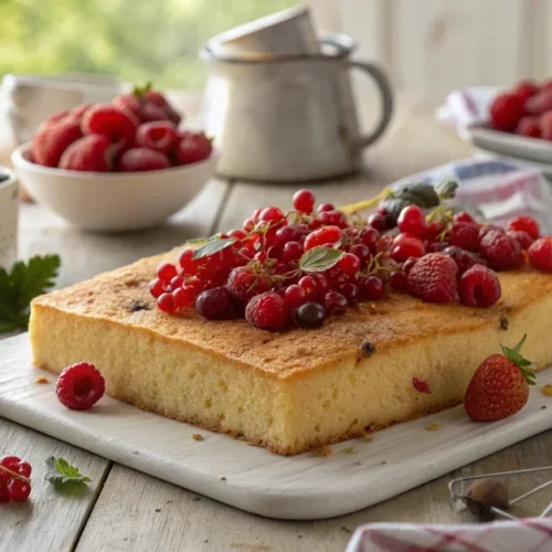 Freshly baked johnnycake sheet with red currants, golden-brown sponge cake, summer berries, family dessert, rustic kitchen ta