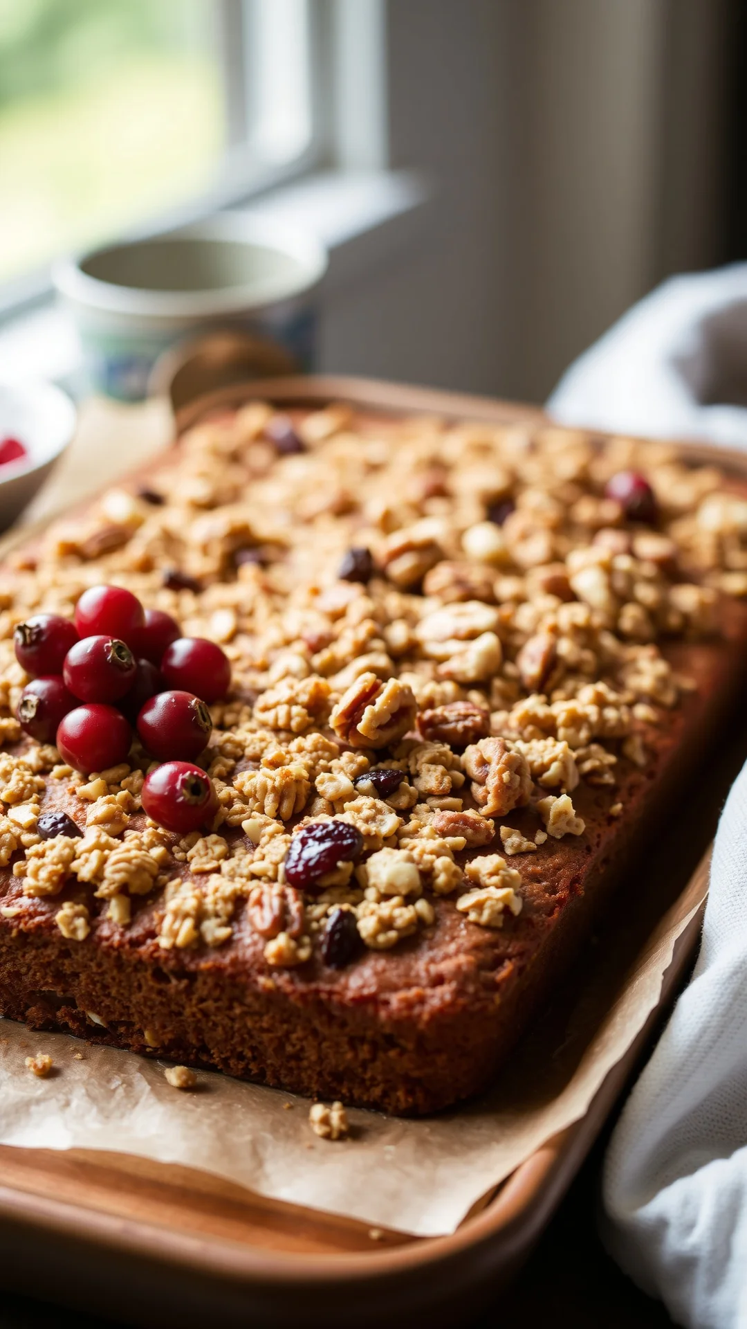 Freshly baked sheet cake with walnut crumble topping and red currants, rustic farmhouse style, warm natural light, portrait o