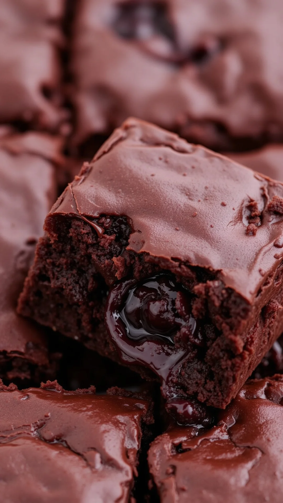 Fudgy cherry brownies, cut square, chocolate glaze, dark cherries inside, close-up portrait view, rich chocolate color, baker