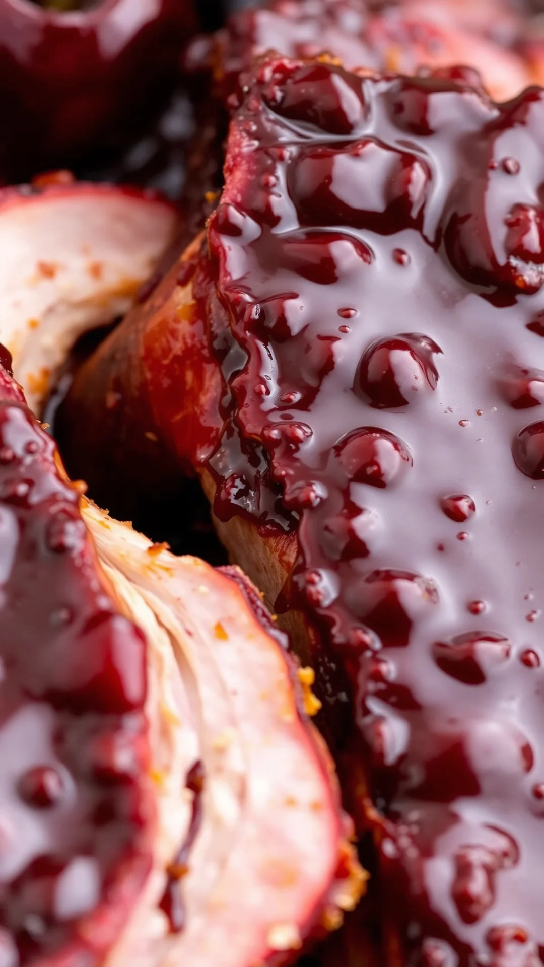 Glazed barbecue ribs with cherry BBQ sauce, sticky and glossy finish, fresh cherries, smoked flavor, restaurant quality close