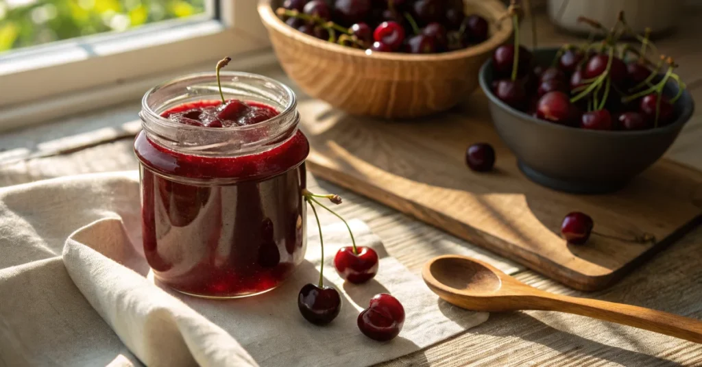 Glossy homemade cherry compote in glass jar, fresh dark red cherries scattered nearby, wooden spoon, warm sunlight, rustic ki
