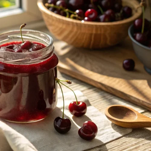 Glossy homemade cherry compote in glass jar, fresh dark red cherries scattered nearby, wooden spoon, warm sunlight, rustic ki