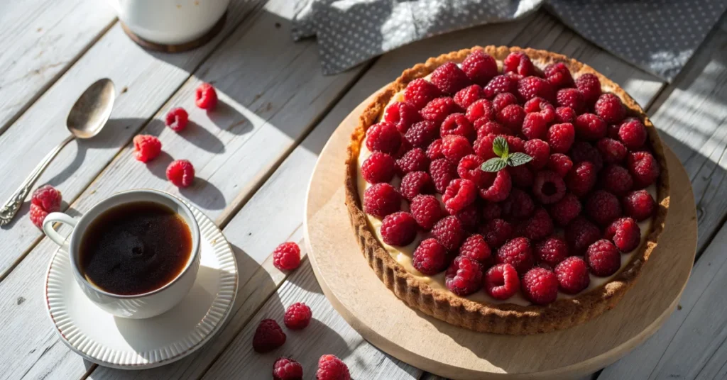 Glutenfreier Johannisbeerkuchen mit roten Johannisbeeren obenauf, appetitanregend, Draufsicht, sonniges Licht, auf Holztisch