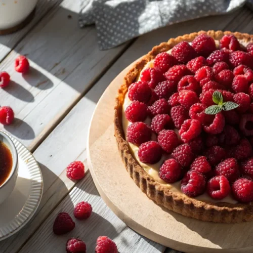 Glutenfreier Johannisbeerkuchen mit roten Johannisbeeren obenauf, appetitanregend, Draufsicht, sonniges Licht, auf Holztisch