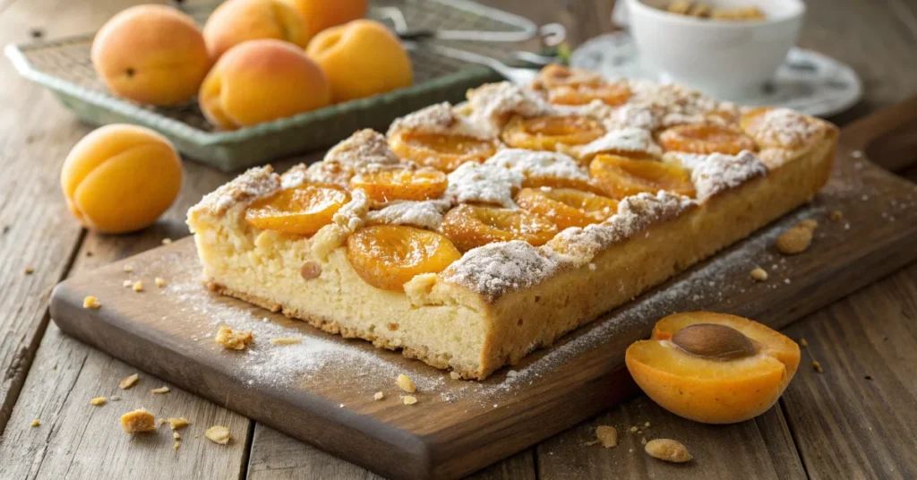 Golden baked apricot sheet cake with crunchy streusel topping, fresh apricots arranged neatly, dusted with powdered sugar, tr