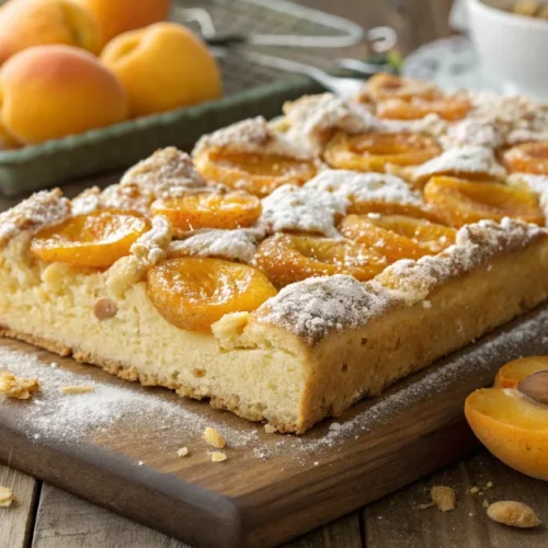 Golden baked apricot sheet cake with crunchy streusel topping, fresh apricots arranged neatly, dusted with powdered sugar, tr