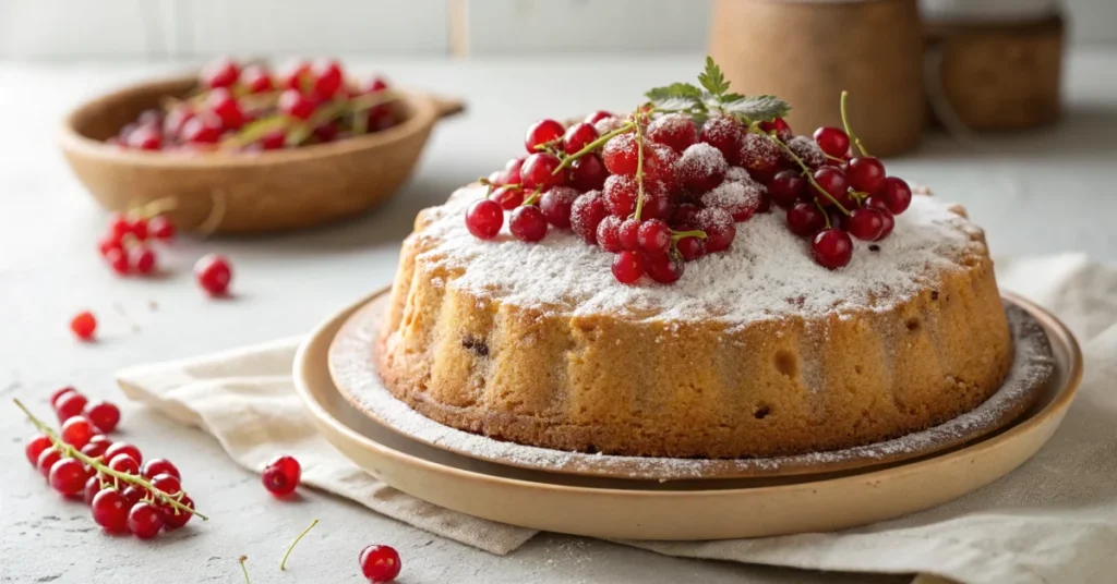 Golden baked redcurrant cake with fresh red berries on top, dusted with powdered sugar, summer afternoon light, homemade bake