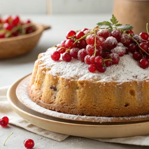 Golden baked redcurrant cake with fresh red berries on top, dusted with powdered sugar, summer afternoon light, homemade bake