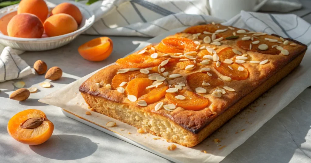 Golden-brown apricot sheet cake with sliced apricots and toasted almond flakes on top, freshly baked, appetizing summer desse