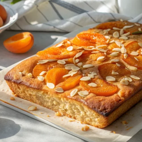 Golden-brown apricot sheet cake with sliced apricots and toasted almond flakes on top, freshly baked, appetizing summer desse