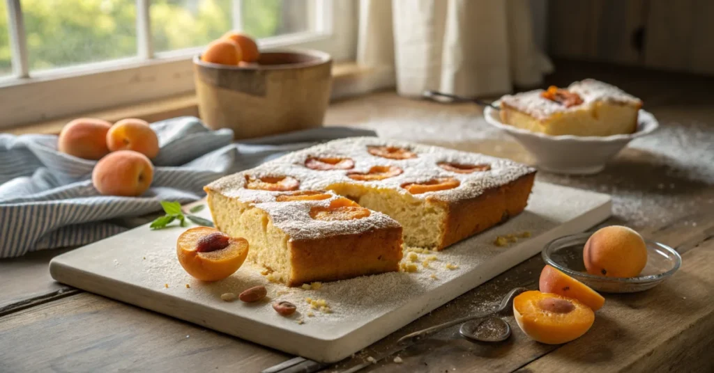 Golden-brown gluten-free apricot sheet cake with fresh apricots on top, dusted with powdered sugar, rustic kitchen setting, w