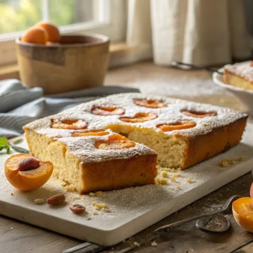 Golden-brown gluten-free apricot sheet cake with fresh apricots on top, dusted with powdered sugar, rustic kitchen setting, w