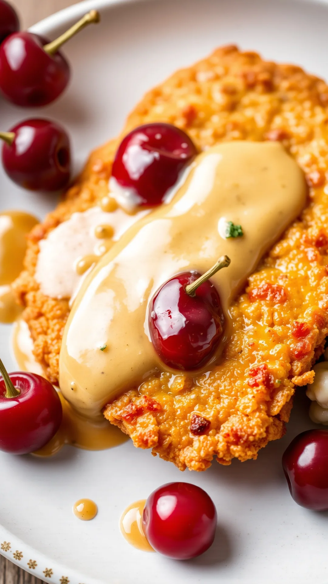 Golden-brown pork schnitzel with cherry mustard cream sauce, fresh red cherries, German style plating, professional food phot