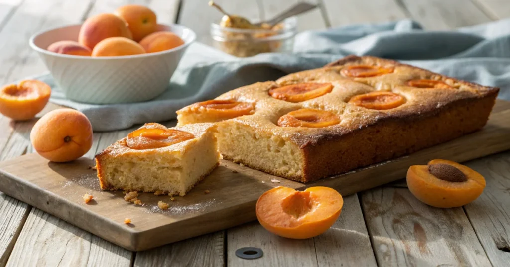 Golden-brown vegan apricot sheet cake with whole apricot halves on top, fresh cut slices revealing moist crumb, rustic wooden