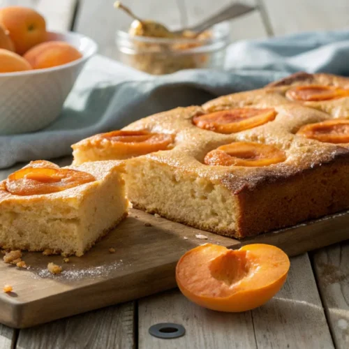 Golden-brown vegan apricot sheet cake with whole apricot halves on top, fresh cut slices revealing moist crumb, rustic wooden